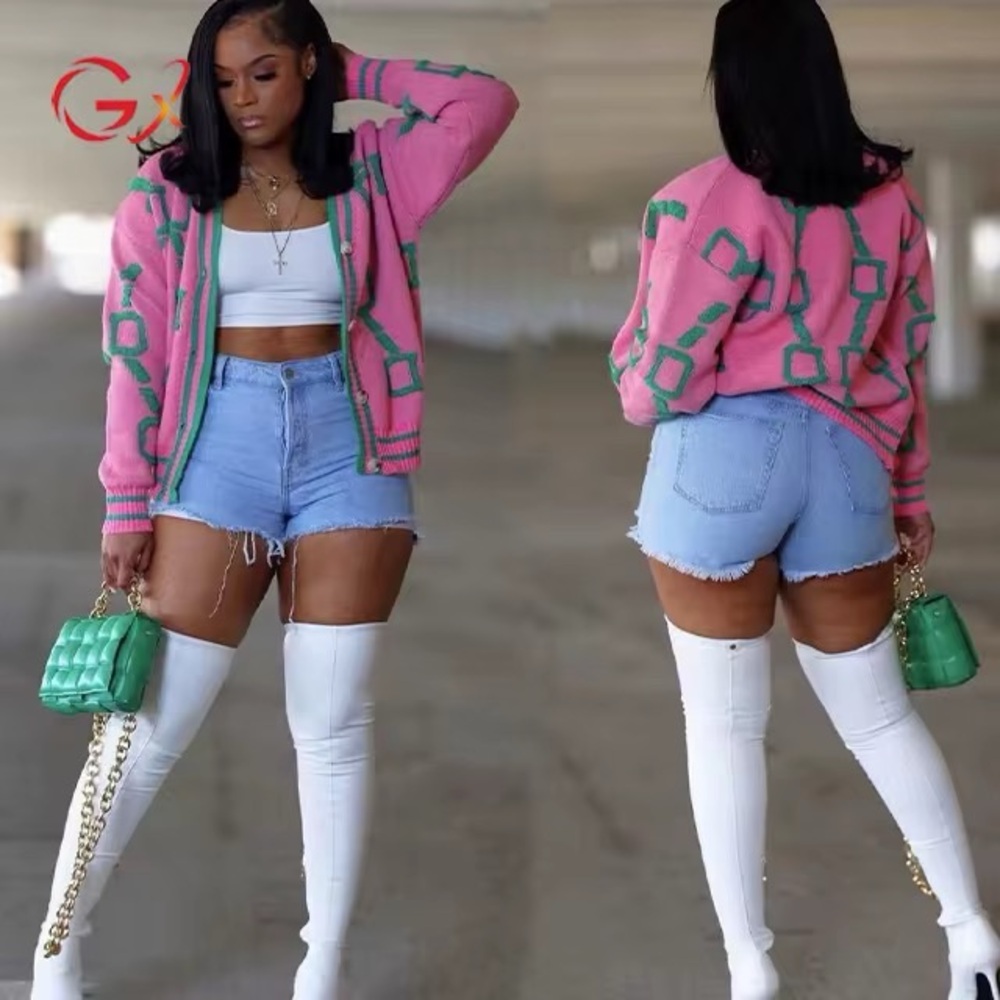 Pink and Green Geometric Cardigan sweater